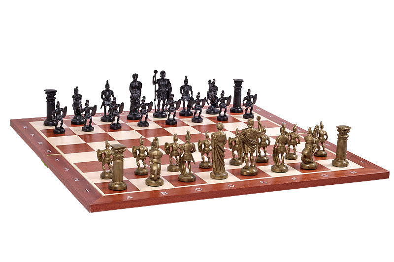 Chess Pieces Roman Empire Style 98mm Plastic - Black Gold Metal Weighted Historical Set