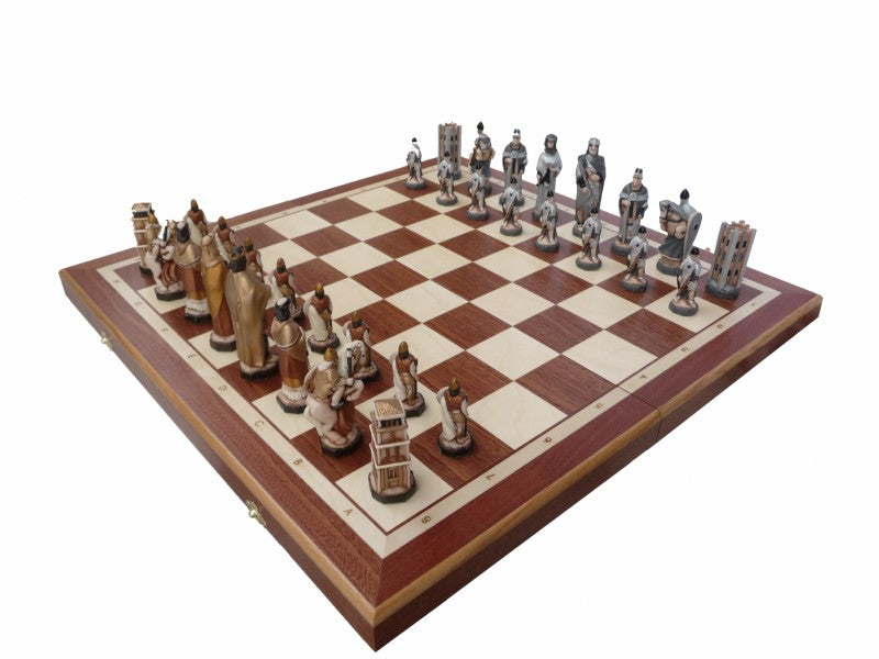 ENGLAND Medieval Chess Set – Hand-Painted Stone Pieces with Mahogany Inlay Board – image 2