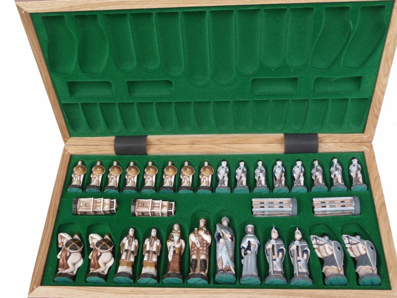ENGLAND Medieval Chess Set – Hand-Painted Stone Pieces with Mahogany Inlay Board – image 3