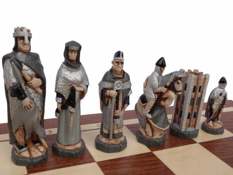 ENGLAND Medieval Chess Set – Hand-Painted Stone Pieces with Mahogany Inlay Board