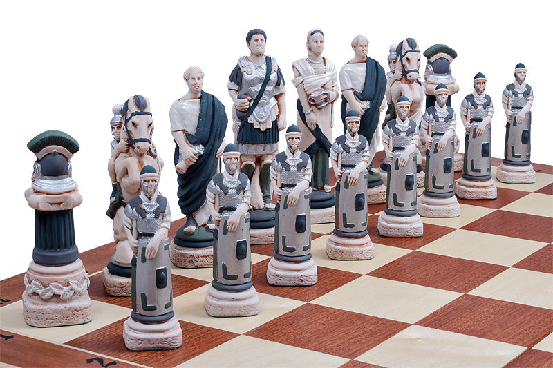 SPARTACUS Chess Set – Hand-Painted Stone Pieces with Mahogany Inlay Board