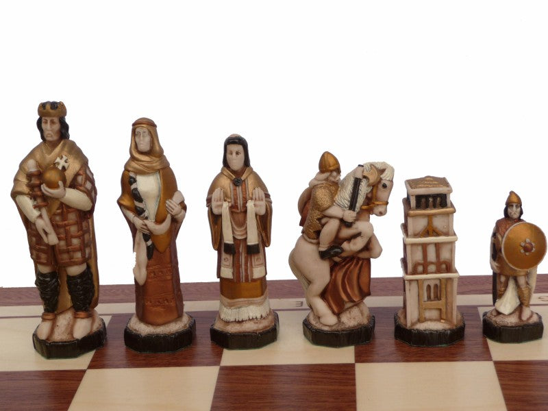 ENGLAND Medieval Chess Set – Hand-Painted Stone Pieces with Mahogany Inlay Board – image 4