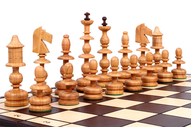 OLD POLISH Chess Set 58x58cm – Hand-Carved Cherry Wood with Brass Inlay
