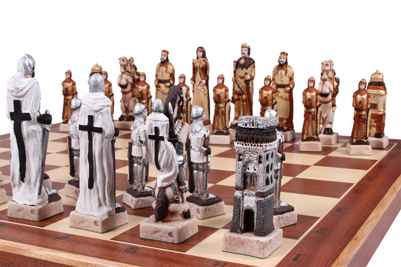 GRUNWALD Chess Set 60x60cm – Medieval Hand-Painted Stone Pieces with Inlay Board