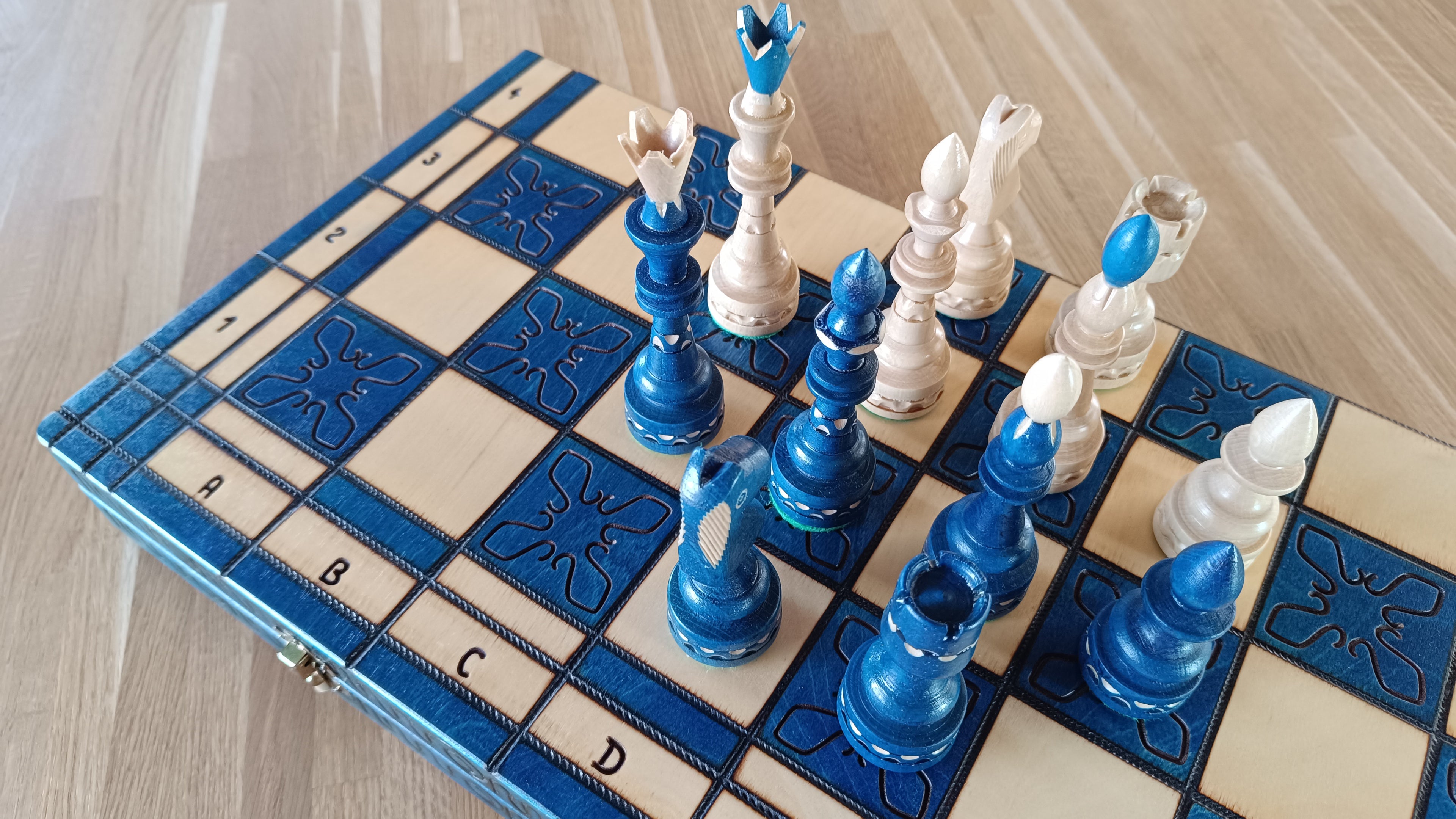 Large Indian Chess Set Blue - Hand-Carved Hornbeam with Folding Board