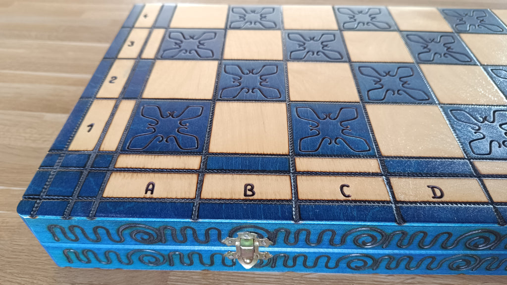 Large Indian Chess Set Blue - Hand-Carved Hornbeam with Folding Board – image 2