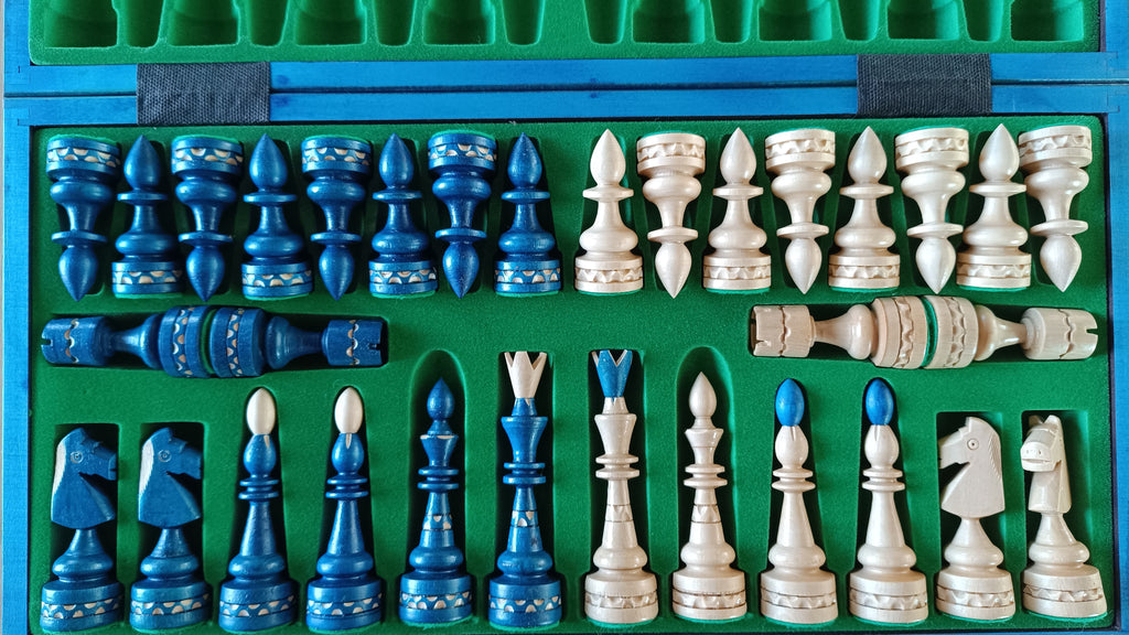 Large Indian Chess Set Blue - Hand-Carved Hornbeam with Folding Board – image 4