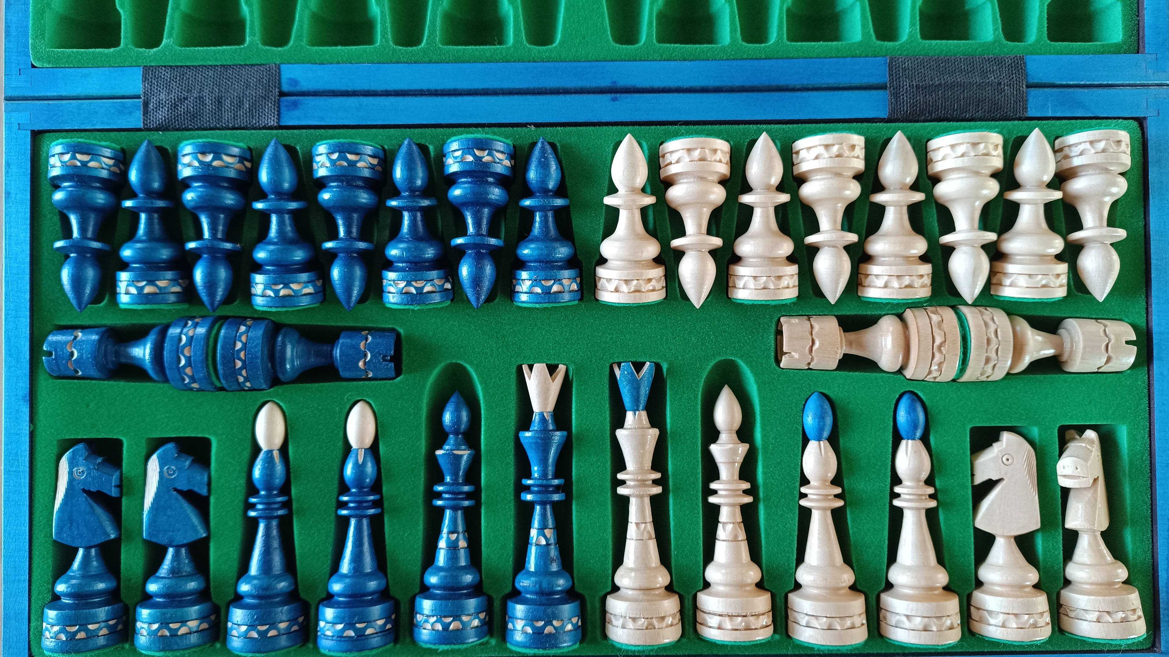 Large Indian Chess Set Blue - Hand-Carved Hornbeam with Folding Board – image 4