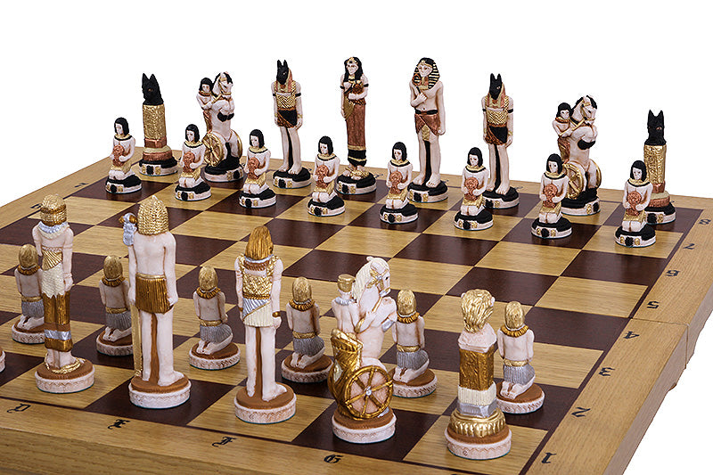 EGYPT Chess Set 65x65cm – Hand-Painted Stone Pieces with Mahogany Inlay Board