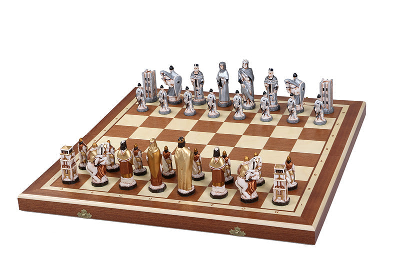 ENGLAND Medieval Chess Set – Hand-Painted Stone Pieces with Mahogany Inlay Board – image 8