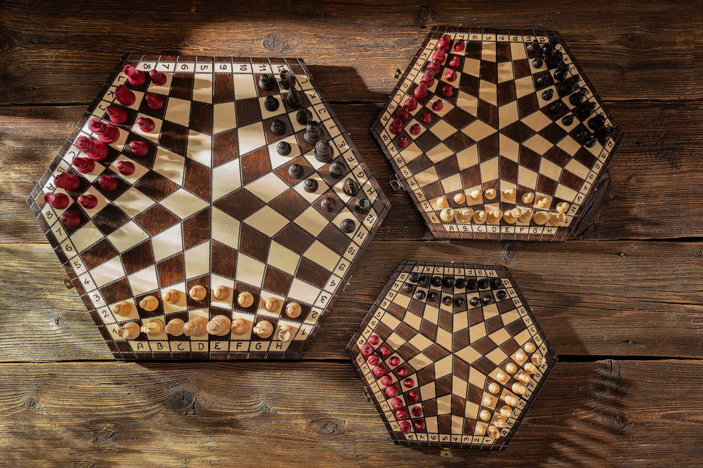 Three Player Chess Set Medium 40x35cm – Hexagonal Wooden Board
