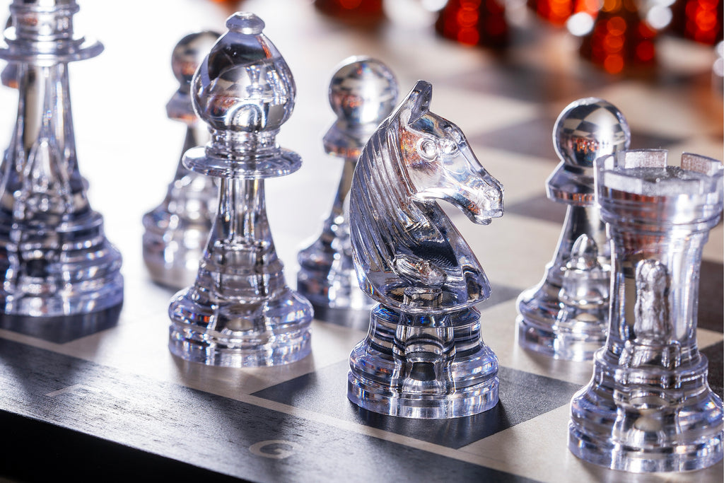 Plastic Staunton No.6 Chess Pieces 96mm – Transparent Amber Tournament Set – image 5
