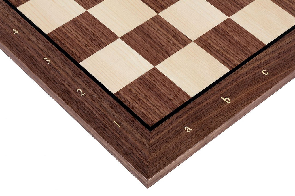 Chess Board 52×52 cm (55 mm squares) – Walnut & Maple (Black Frame), with Notation