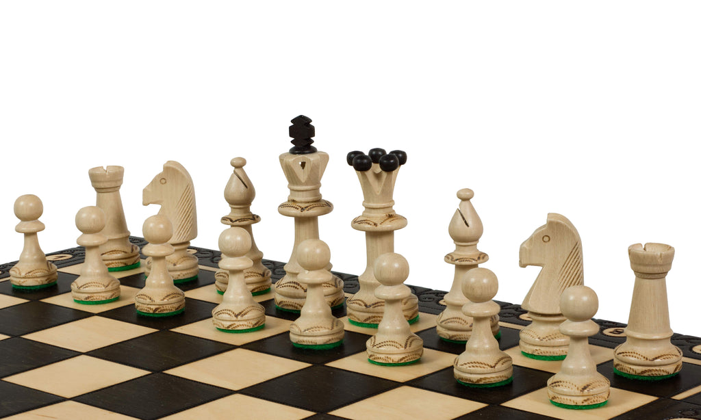 Consul Chess Set – Black 48cm, Folding Board with Wood-Burning Art