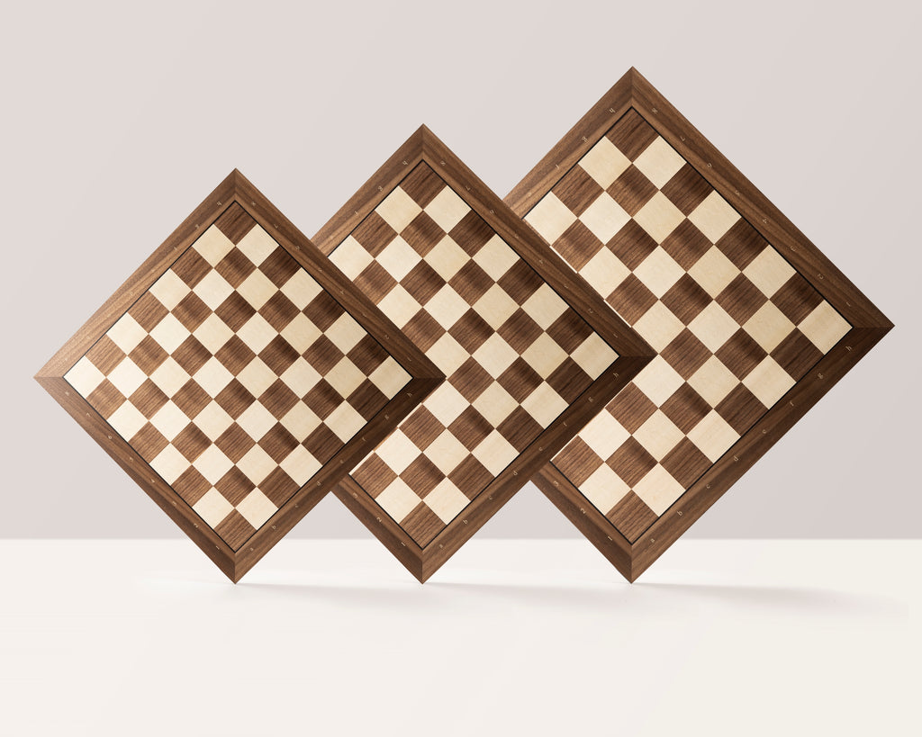 Chess Board 48×48 cm – Walnut & Maple (Black Frame), with Notation