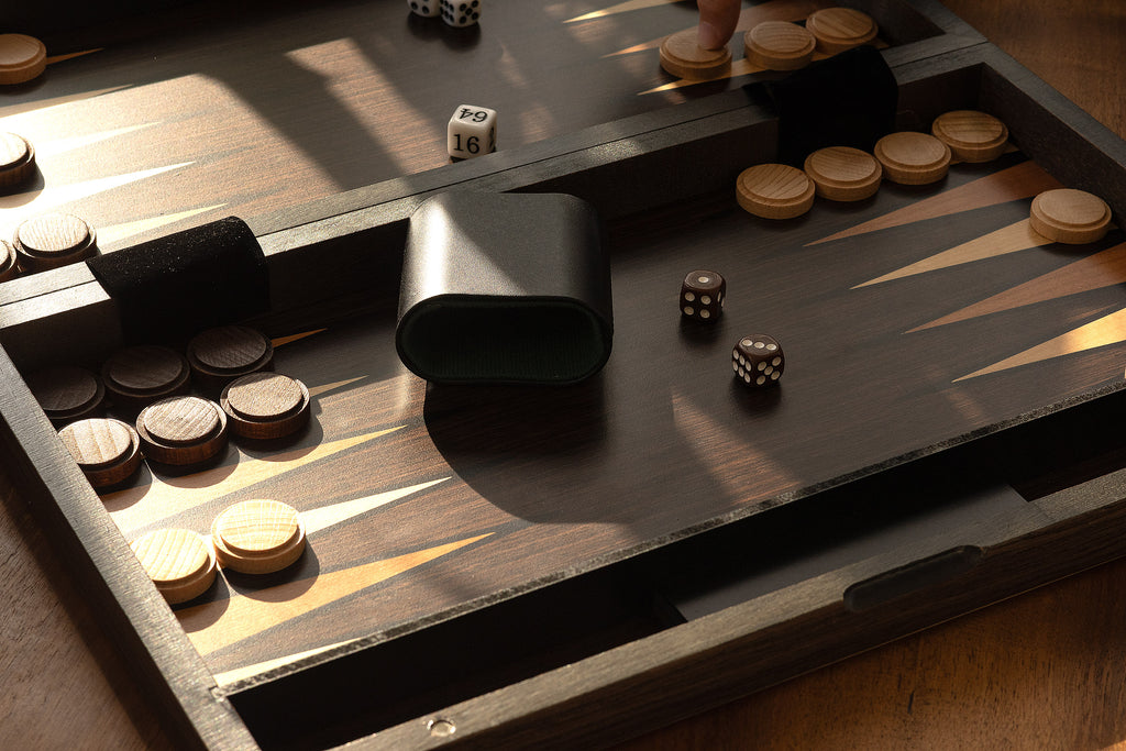 Backgammon Set in Wooden Box (52 × 43.5 cm) — Wood Pieces & Leather Dice Cups – image 7