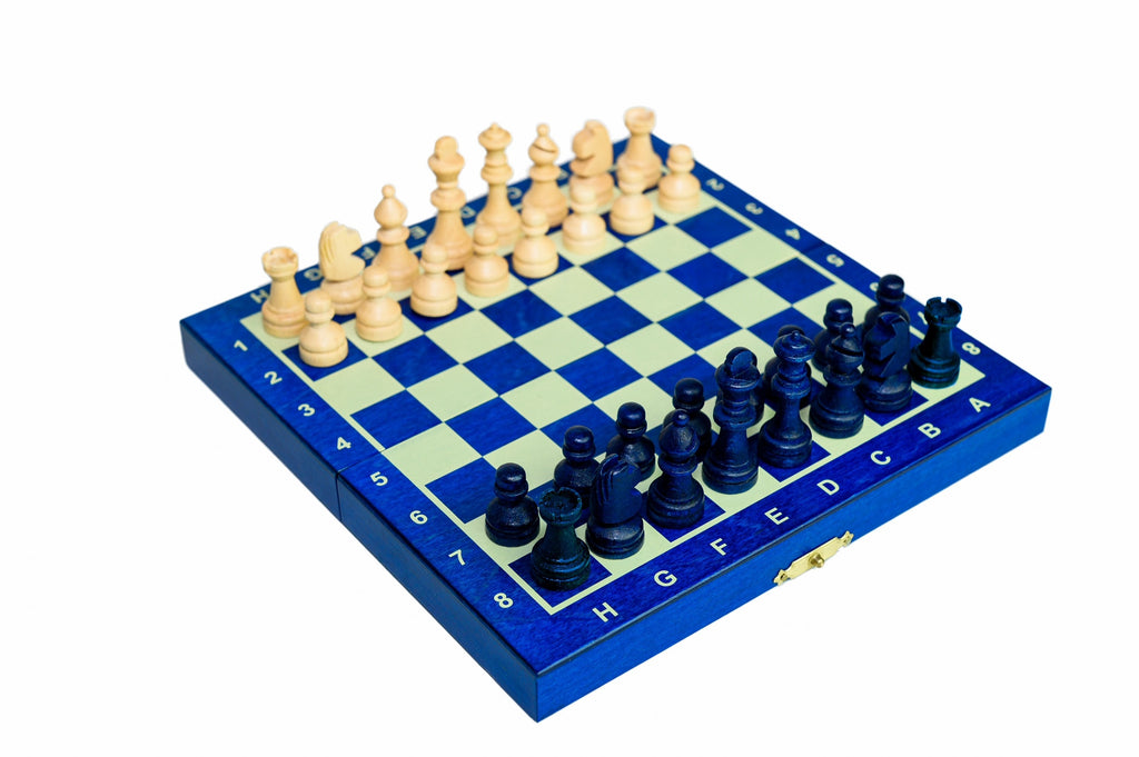 Wooden School Chess Mini 20cm – Blue Compact Set