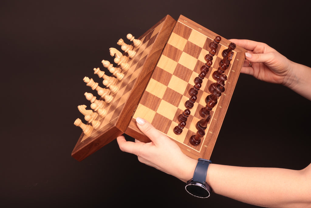 Magnetic Travel Chess Set — Walnut, 33×33 cm Wooden Folding Case